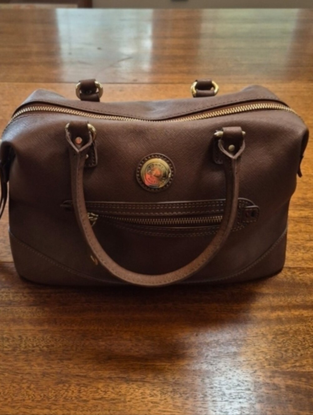 Tommy Hilfiger Brown Faux Leather Satchel with Gold-Tone Hardware